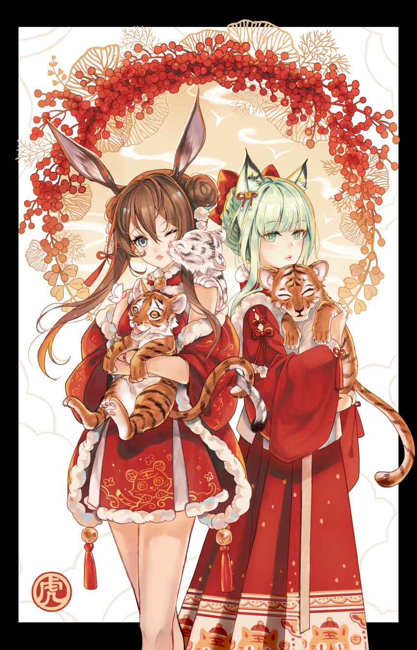 2girls ;o absurdres amiya_(arknights) animal animal_ear_fluff animal_ears animal_print arknights bare_shoulders black_border blue_eyes border brown_hair cat_ears chinese_clothes chinese_new_year chinese_zodiac dress feet_out_of_frame fur-trimmed_dress fur_trim green_eyes green_hair hanfu highres holding holding_animal kal'tsit_(arknights) long_dress multiple_girls one_eye_closed rabbit_ears red_dress short_dress sleeveless sleeveless_dress tiger tiger_print white_background xialuo_yingling year_of_the_tiger