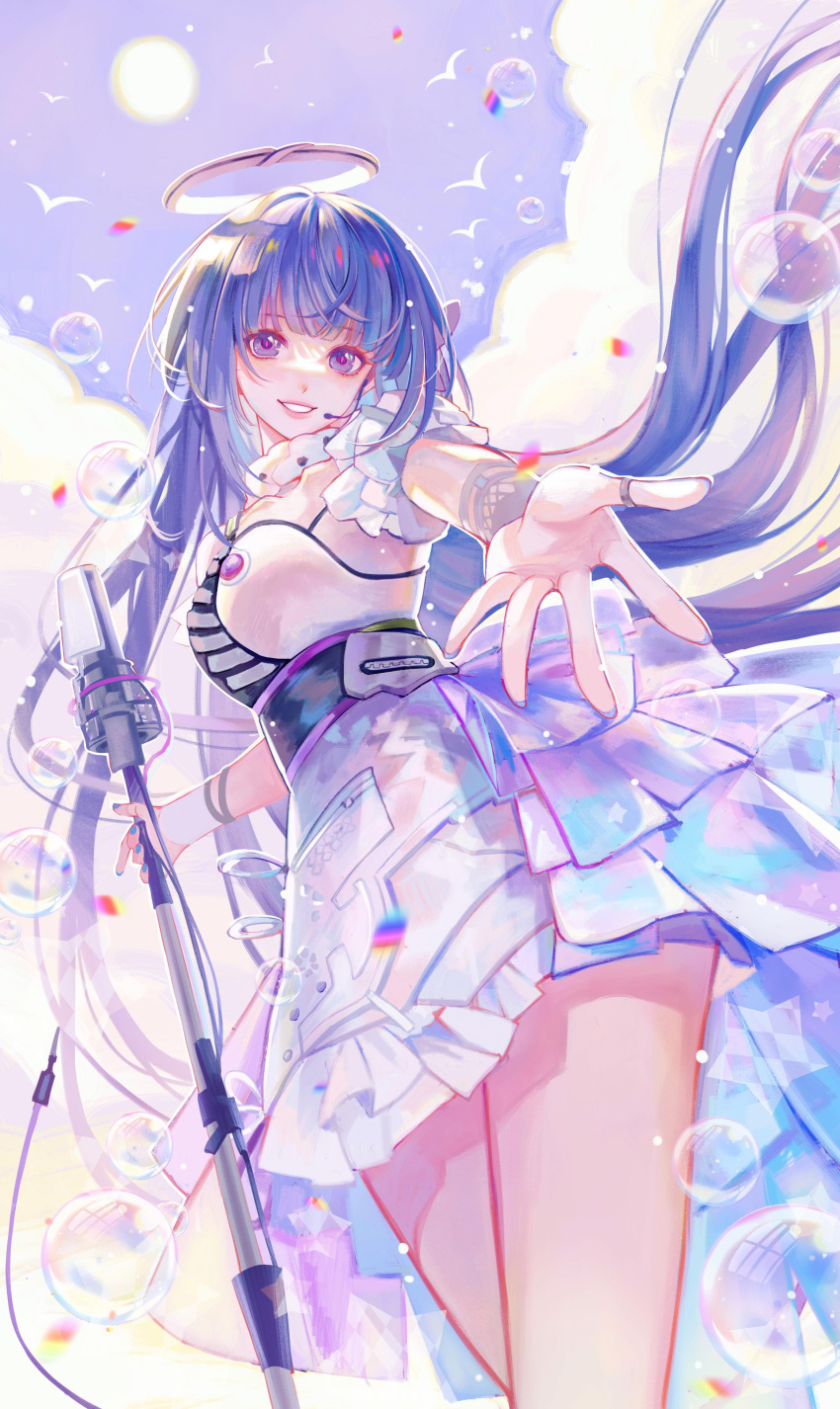 1girl absurdres blue_eyes blue_hair bubble character_request clouds cowboy_shot dress from_below girls'_frontline_neural_cloud grin headset highres holding holding_microphone_stand long_hair looking_at_viewer microphone_stand outstretched_arms outstretched_hand purple_sky reaching reaching_towards_viewer sky sleeveless sleeveless_dress smile solo sun very_long_hair white_dress xialuo_yingling