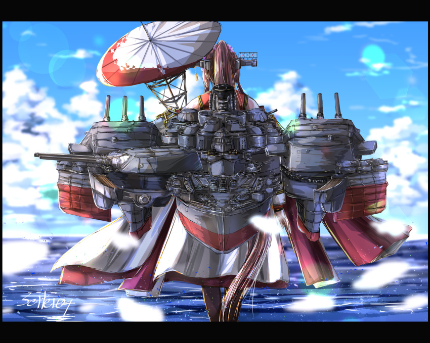 1girl brown_hair from_behind hair_ornament headgear high_ponytail highres kantai_collection long_hair ocean outdoors seitei_(04seitei) signature sky solo turret umbrella very_long_hair yamato_(kancolle)