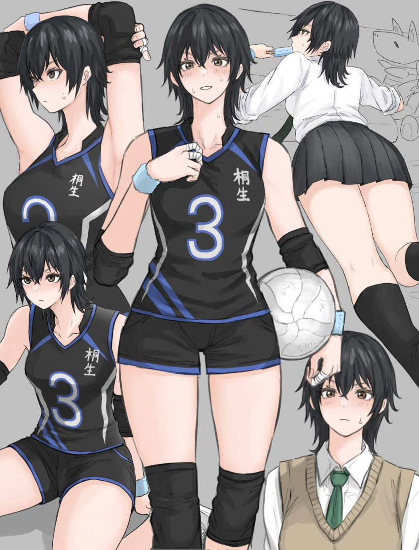 1girl absurdres armpits bandaged_fingers bandages black_hair elbow_pads food_in_mouth fuku_(fuku12290574) highres holding_popsicle jersey knee_pads medium_hair multiple_girls original photoshop_(medium) popsicle_in_mouth solo sweat volleyball