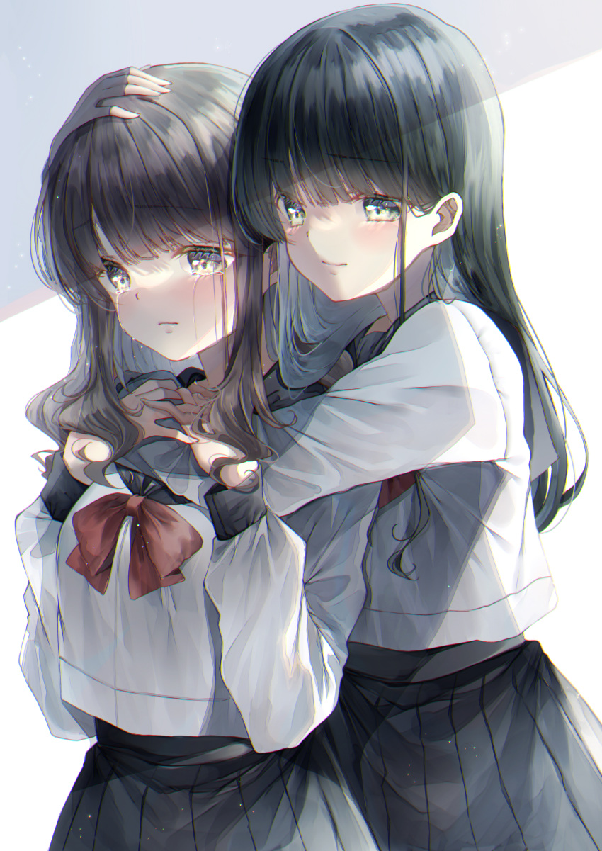 2girls absurdres black_hair black_skirt blush bow bowtie brown_eyes brown_hair chromatic_aberration closed_mouth crying crying_with_eyes_open green_eyes hand_on_another's_head hand_on_own_chest highres hug hug_from_behind light_particles long_hair long_sleeves looking_at_another multiple_girls original pleated_skirt puffy_sleeves red_bow red_bowtie school_uniform serafuku shade shirt sidelocks simple_background skirt smile tears touki_matsuri white_background white_serafuku white_shirt yuri