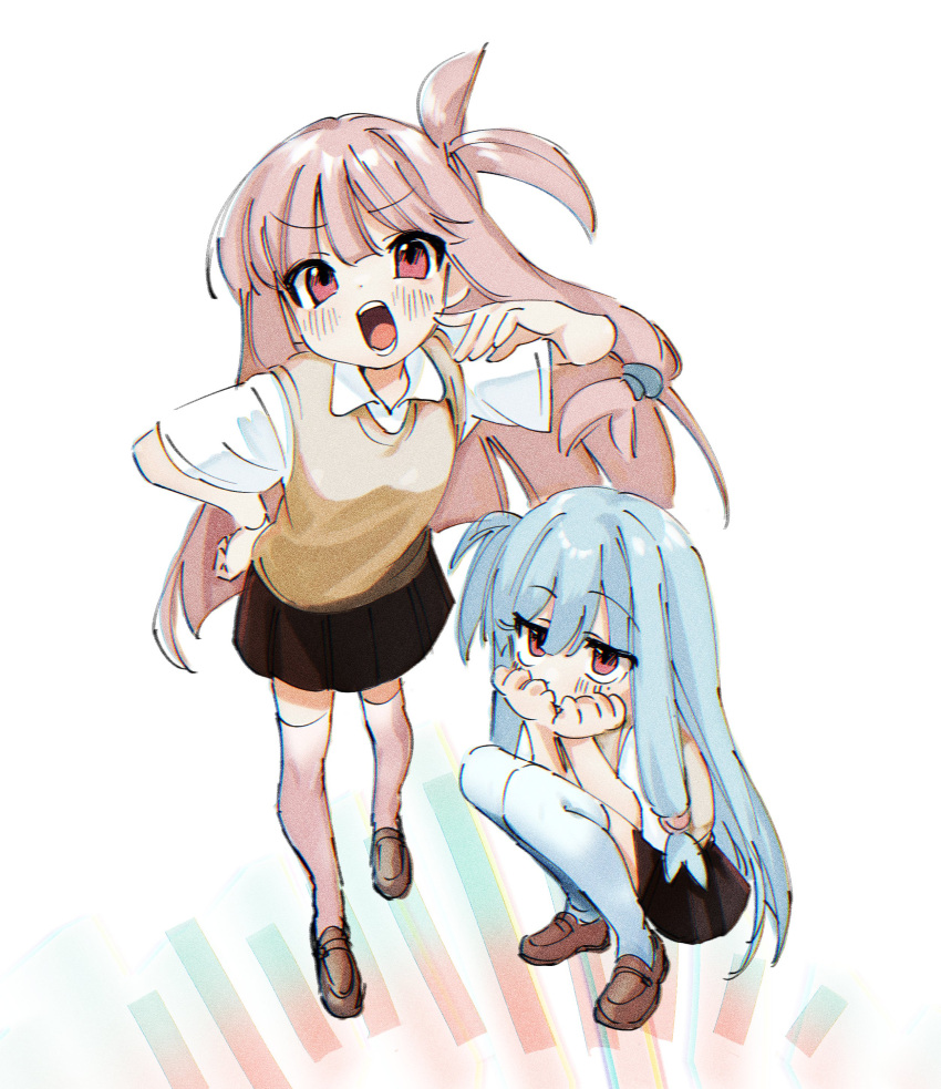 2girls absurdres alternate_costume black_skirt blue_hair blue_thighhighs blush brown_sweater_vest collared_shirt covered_mouth floating_hair from_above full_body hand_on_own_hip hand_up hands_on_own_chin hands_up highres jitome kotonoha_akane kotonoha_aoi loafers long_hair looking_at_viewer low_tied_sidelocks multiple_girls okusuri_nometane one_side_up open_mouth pink_hair pink_thighhighs red_eyes school_uniform shirt shoes short_sleeves siblings sidelocks sisters skirt squatting standing sweater_vest thigh-highs v-shaped_eyebrows voiceroid white_background white_shirt