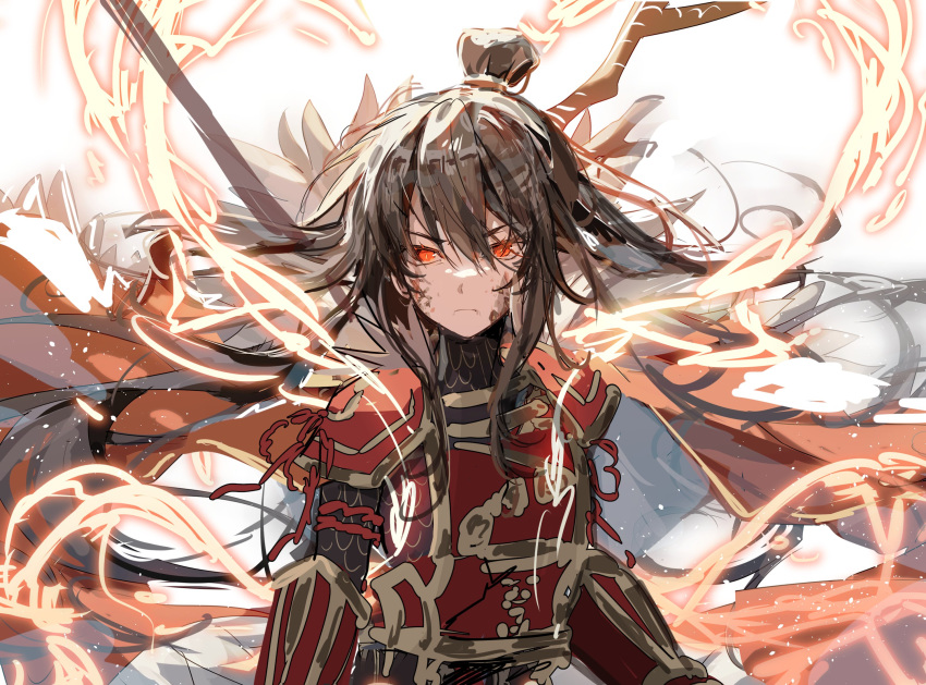 1girl armor brown_hair cape chinese_armor closed_mouth coat dragon_horns fire fur-trimmed_coat fur_trim gold_trim hair_bun highres horns library_of_ruina long_hair looking_at_viewer project_moon red_armor red_cape red_eyes red_ribbon ribbon scales sidelocks simple_background solo tkylv1683 very_long_hair white_background xiao_(library_of_ruina)