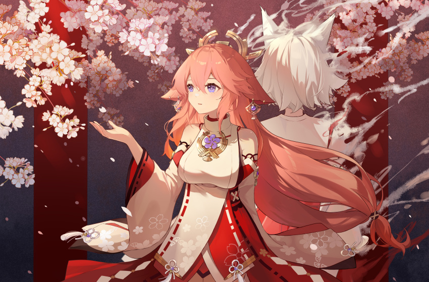 2girls absurdres animal_ears back-to-back bare_shoulders blush branch breasts cherry_blossoms commentary_request detached_sleeves earrings eyelashes facing_away falling_petals floating_hair floppy_ears floral_print flower fox_ears genshin_impact hair_between_eyes hair_flaps hand_up headpiece highres japanese_clothes jewelry kimono kitsune_saiguu large_breasts long_hair long_sleeves low-tied_long_hair miko morimori_(14292311) multicolored_background multiple_girls nontraditional_miko open_mouth parted_lips pelvic_curtain petals pink_flower pink_hair ribbon-trimmed_sleeves ribbon_trim sakuramon shirt short_hair sidelocks simple_background sleeveless sleeveless_shirt standing tassel very_long_hair violet_eyes vision_(genshin_impact) white_hair white_kimono white_shirt white_sleeves wide_sleeves yae_miko