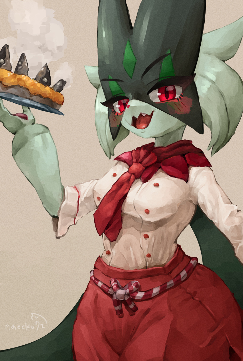 1girl :3 absurdres animal_hands animal_nose artist_name blush body_fur breasts brown_background buttons cat_girl chef clothed_pokemon commentary_request double-breasted fang fish_(food) fish_head food furry furry_female green_fur green_hair half-closed_eyes hand_up happy highres holding holding_food holding_plate looking_at_viewer medium_breasts meowscarada neckerchief open_mouth pants pawpads pepper_gecko72 pie plate pokemon pokemon_(creature) red_eyes red_neckerchief red_pants shirt shirt_tucked_in short_hair short_sleeves signature simple_background smile solo standing stargazy_pie steam tongue twitter_username v-shaped_eyebrows white_shirt wide_hips