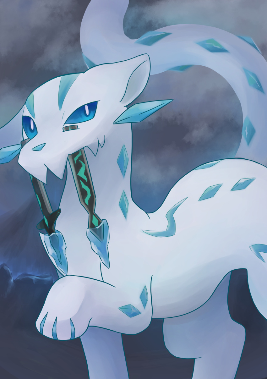 absurdres animal_focus blue_sclera chien-pao closed_mouth clouds cloudy_sky colored_sclera commentary fangs fangs_out grey_background grey_sky half-closed_eye highres ice leg_up looking_to_the_side mochizuki_reiji no_humans outdoors pokemon pokemon_(creature) sky solo standing uneven_eyes white_eyes