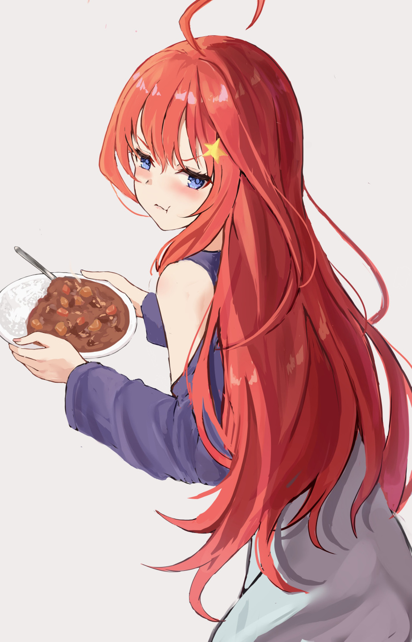 &gt;:( 1girl :t absurdres ahoge bare_shoulders blue_shirt blush commentary_request curry curry_rice eyelashes food from_behind frown go-toubun_no_hanayome hair_ornament hair_over_shoulder highres holding holding_tray long_hair long_sleeves nakano_itsuki pout raikun_raikun redhead rice shirt sidelocks simple_background solo spoon star_(symbol) star_hair_ornament tray v-shaped_eyebrows very_long_hair wavy_hair white_background