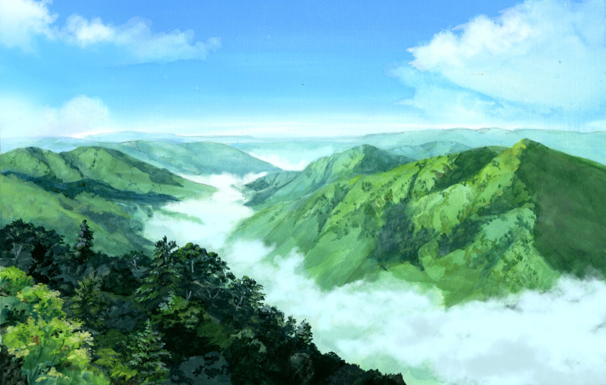 blue_sky clouds cloudy_sky forest highres hill mountain mountainous_horizon nature no_humans original rock s3_lmm scenery sky tree valley