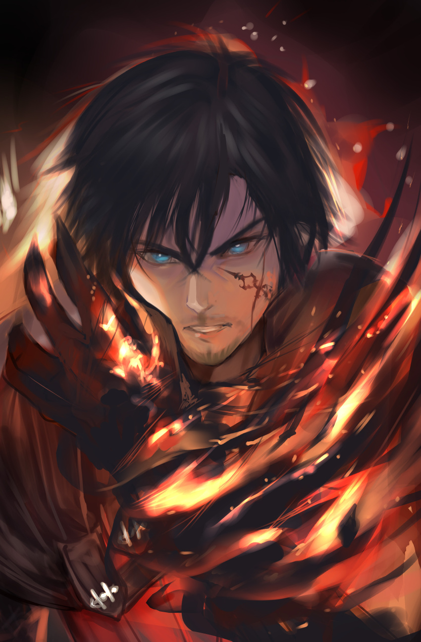 1boy absurdres arialla_draws black_cape black_hair blue_eyes cape clive_rosfield commentary embers english_commentary facial_hair facial_tattoo final_fantasy final_fantasy_xvi fire gauntlets hair_between_eyes hand_up highres looking_at_viewer male_focus parted_lips red_vest serious short_hair solo tattoo upper_body vest
