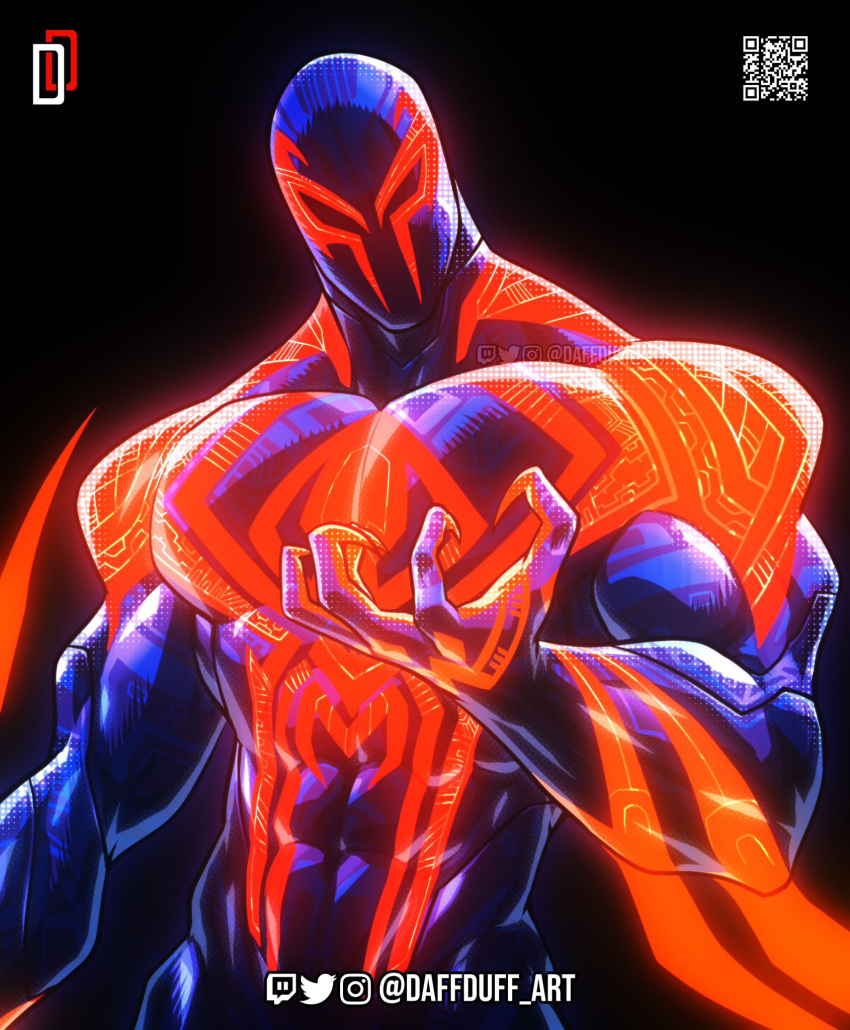 1boy animal_print arm_blade blue_bodysuit blue_mask bodysuit broad_shoulders daffduff glowing_bodysuit highres large_pectorals male_focus marvel mask miguel_o'hara muscular muscular_male pectorals print_bodysuit red_bodysuit simple_background skin_tight solo spider-man:_across_the_spider-verse spider-man_(2099) spider-man_(series) spider_print talons two-tone_bodysuit weapon