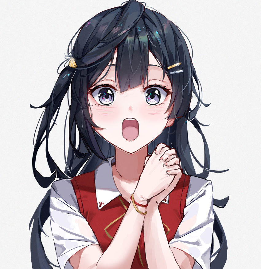 1girl absurdres black_eyes black_hair collar collared_shirt commentary hair_between_eyes hair_ornament hairclip hands_up highres long_hair looking_at_viewer love_live! love_live!_nijigasaki_high_school_idol_club neck_ribbon one_side_up open_mouth own_hands_together red_sweater_vest red_vest red_wristband ribbon school_uniform shirt short_sleeves simple_background single_hair_intake sstthei surprised sweater_vest teeth triangle_print upper_body upper_teeth_only vest white_background white_collar white_shirt yellow_ribbon yellow_wristband yuuki_setsuna_(love_live!)