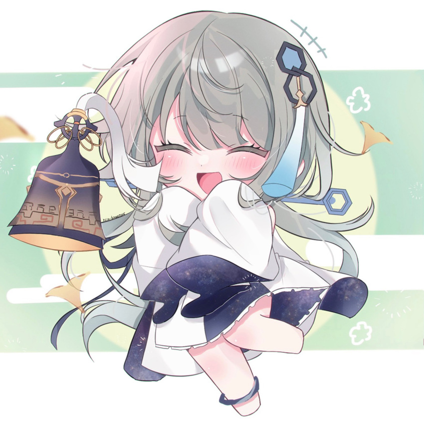 +++ 1girl :d ^_^ amimia_zaxtuta artist_name bell blush chibi closed_eyes commentary_request dress egasumi eyelashes floating_hair flower_(symbol) genshin_impact ginkgo_leaf green_background grey_hair guizhong_(genshin_impact) hair_between_eyes hair_ornament hands_up happy highres leaf leg_up long_hair long_sleeves open_mouth sidelocks simple_background sleeves_past_fingers sleeves_past_wrists smile solo tassel tassel_hair_ornament very_long_hair very_long_sleeves white_background white_dress wide_sleeves