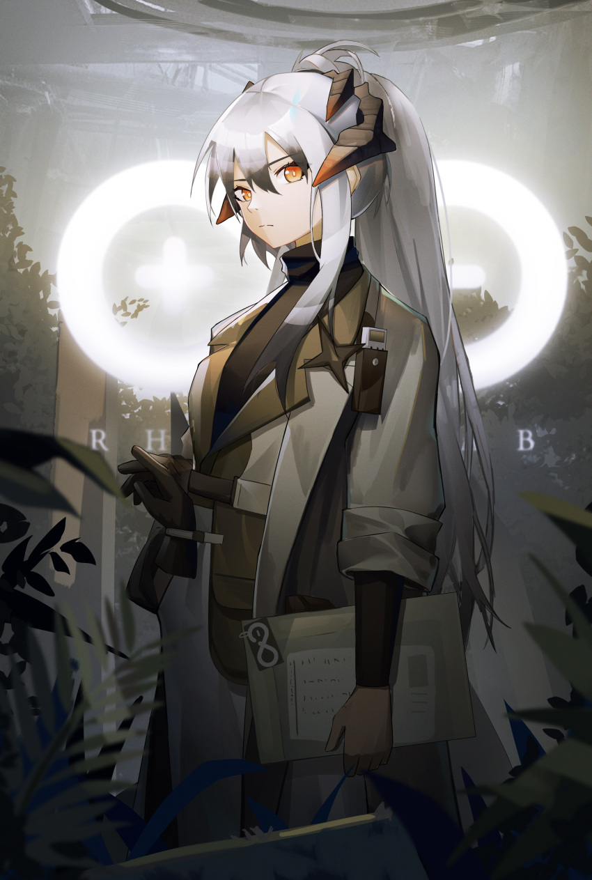 1girl absurdres arknights backlighting bai_shiro@ closed_mouth cowboy_shot dragon_horns highres holding horns long_hair long_sleeves looking_at_viewer official_alternate_costume orange_eyes ponytail rhine_lab_logo saria_(arknights) sidelocks solo very_long_hair