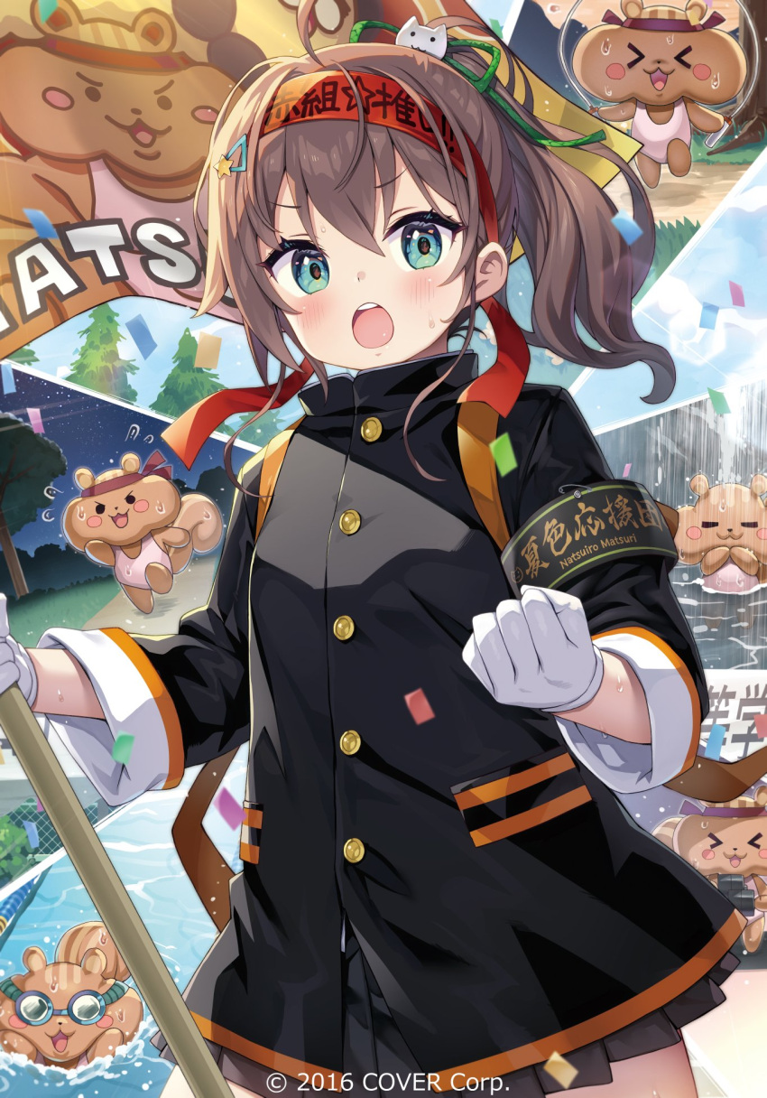 1girl ahoge alternate_costume aqua_eyes armband ayaoshiro black_jacket blush brown_hair cat_hair_ornament commentary_request company_name confetti gloves grey_skirt hair_between_eyes hair_ornament headband highres hololive jacket long_sleeves looking_at_viewer medium_hair natsuiro_matsuri official_art open_mouth pleated_skirt ponytail skirt solo sweat virtual_youtuber white_gloves