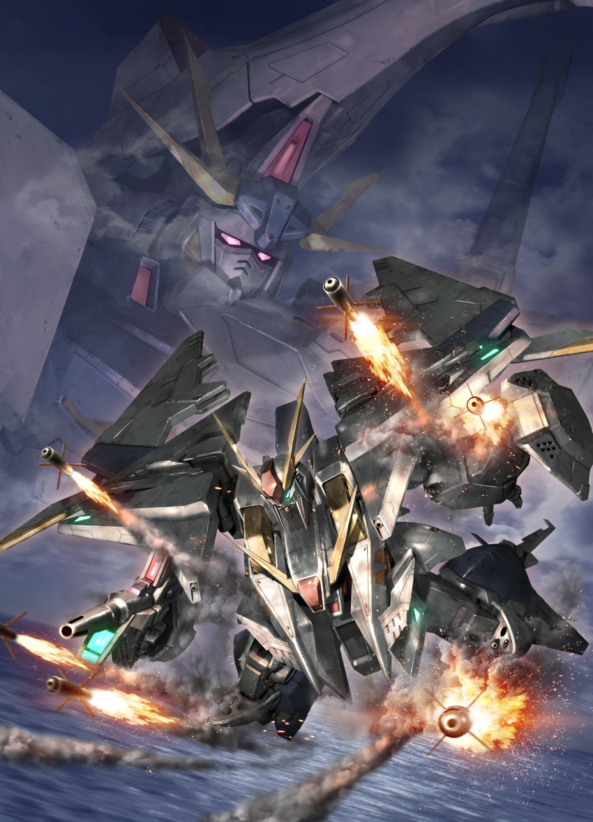 commentary_request cover flying glowing glowing_eyes green_eyes gundam gundam_hathaway's_flash highres magazine_cover mecha missile mobile_suit morishita_naochika no_humans ocean official_art penelope_(hathaway's_flash) pink_eyes robot science_fiction smoke_trail v-fin xi_gundam