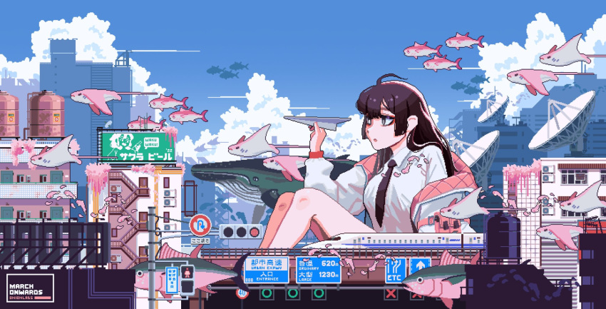 1girl air_conditioner animal antenna_hair artist_name black_bow black_bowtie black_hair bow bowtie building city cityscape clouds cloudy_sky commentary english_commentary fish giant giantess highres holding holding_paper_airplane instant_onion jacket knees_up long_hair looking_to_the_side original paper_airplane pixel_art radio_antenna road_sign shirt sign sky solo stingray title traffic_light train tuna whale white_jacket white_shirt