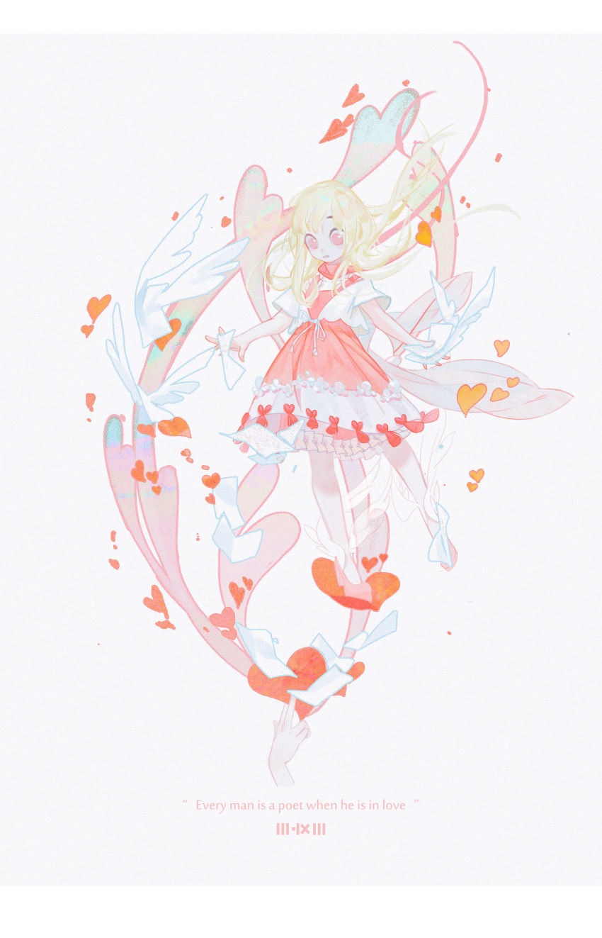 1girl absurdres between_fingers dress english_text frilled_dress frills heart highres holding holding_letter letter mingweiban open_mouth original pale_skin personification pink_dress pink_footwear red_eyes ribbon shirt short_sleeves solo_focus valentine white_background white_shirt wings yellow_ribbon