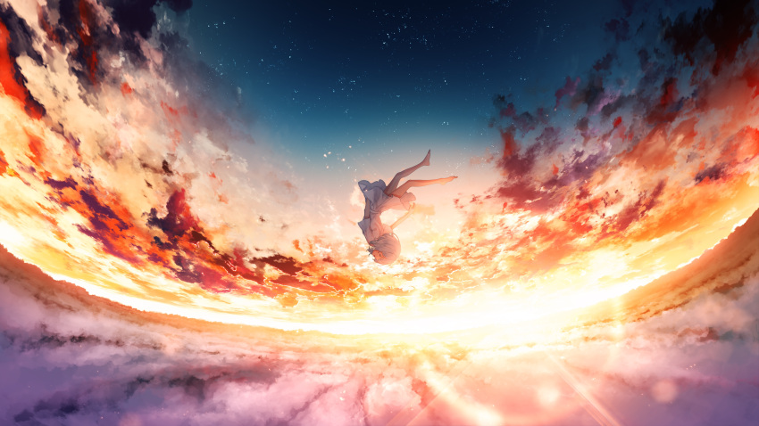 1girl absurdres arm_at_side asu_no_yozora_shoukaihan_(vocaloid) barefoot blue_hair bob_cut closed_eyes clouds cloudy_sky evening falling full_body furi0831 highres lens_flare long_sleeves night night_sky outdoors parted_lips pleated_skirt scenery shirt short_hair sidelocks skirt sky solo star_(sky) sun sunset upside-down vocaloid white_shirt white_skirt wide_shot