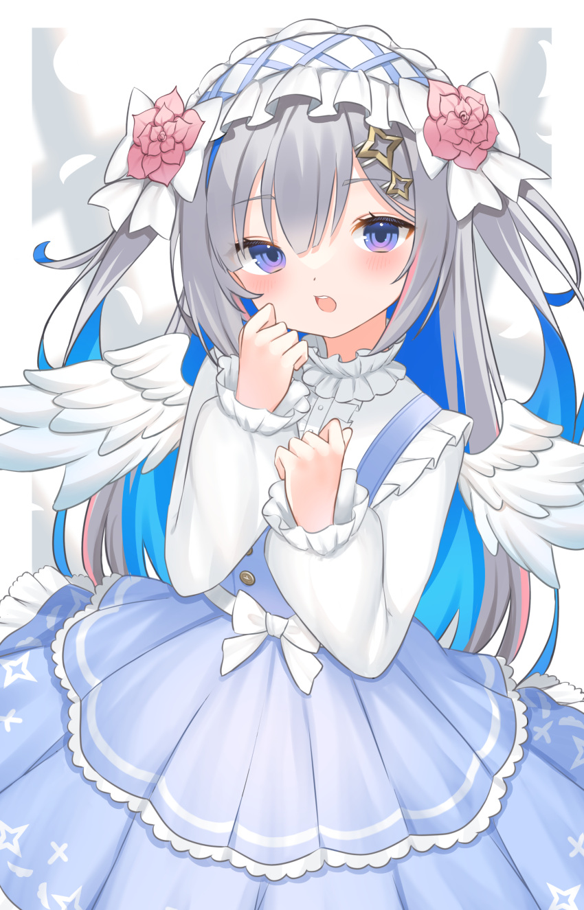 1girl absurdres amane_kanata angel_wings blue_eyes blue_hair blush center_frills colored_inner_hair dress feathered_wings flower frilled_shirt_collar frilled_sleeves frills grey_hair hair_ornament hairband hairclip highres hololive lolita_hairband long_hair long_sleeves looking_at_viewer multicolored_hair open_mouth solo toui_penko two_side_up very_long_hair virtual_youtuber wings