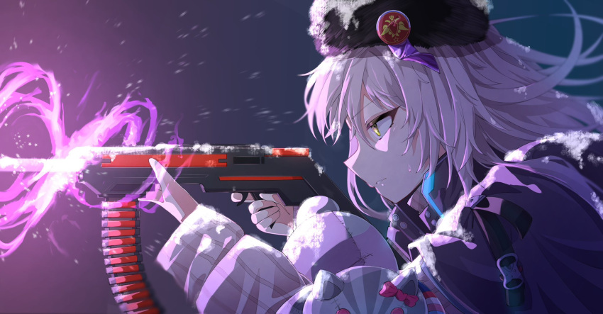 1girl aiming alf11258800 attack charlotta_skopovskaya doll from_side grey_hair gun hat heaven_burns_red highres holding holding_gun holding_weapon long_hair military_hat rifle russian_clothes snow solo sweater weapon yellow_eyes