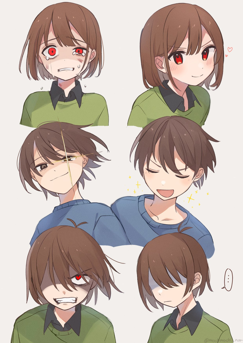... 3others :d ^_^ ambiguous_gender androgynous blue_sweater blush brown_eyes brown_hair bruise bruise_on_face chara_(undertale) clenched_teeth closed_eyes collared_shirt cropped_arms crying crying_with_eyes_open deltarune expressions faceless frisk_(undertale) glowing glowing_eye green_shirt highres injury kris_(deltarune) looking_at_viewer multiple_others multiple_views nano_mochi red_eyes scowl shaded_face shirt short_hair simple_background smile star_(symbol) star_in_eye sweater symbol_in_eye tears teeth undertale white_background wing_collar