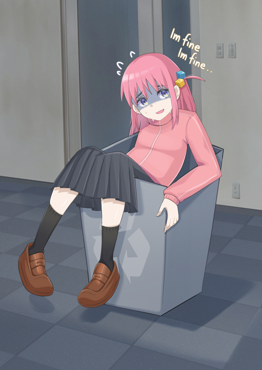 1girl absurdres arrow_(symbol) bocchi_the_rock! cube_hair_ornament gotou_hitori hair_ornament highres in_trash_can jacket long_hair looking_at_viewer non-web_source pink_eyes pink_hair pink_jacket pink_track_suit recycle_bin recycling_symbol smile track_jacket trash_can