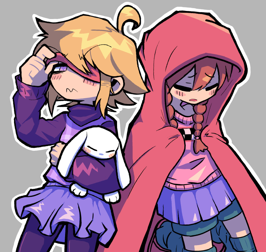 2girls @_@ ahoge angry arm_up blanket blindfold blindfold_lift blonde_hair blush blush_stickers braid brown_hair closed_eyes closed_mouth commentary covering_with_blanket cowboy_shot frown grey_background hair_between_eyes highres holding holding_blanket hug kneeling long_hair long_sleeves medium_hair multiple_girls one_eye_covered open_mouth outline pantyhose pink_sweater pleated_skirt puffy_long_sleeves puffy_sleeves purple_pantyhose purple_skirt purple_sweater purple_vest rabbit raised_eyebrows red_blindfold red_footwear saghaley shorts shorts_under_skirt sidelocks simple_background skirt sleepy socks stuffed_animal stuffed_rabbit stuffed_toy sweater turtleneck turtleneck_sweater twin_braids twintails v-shaped_eyebrows vest violet_eyes wavy_mouth white_outline yume_2kki yume_nikki
