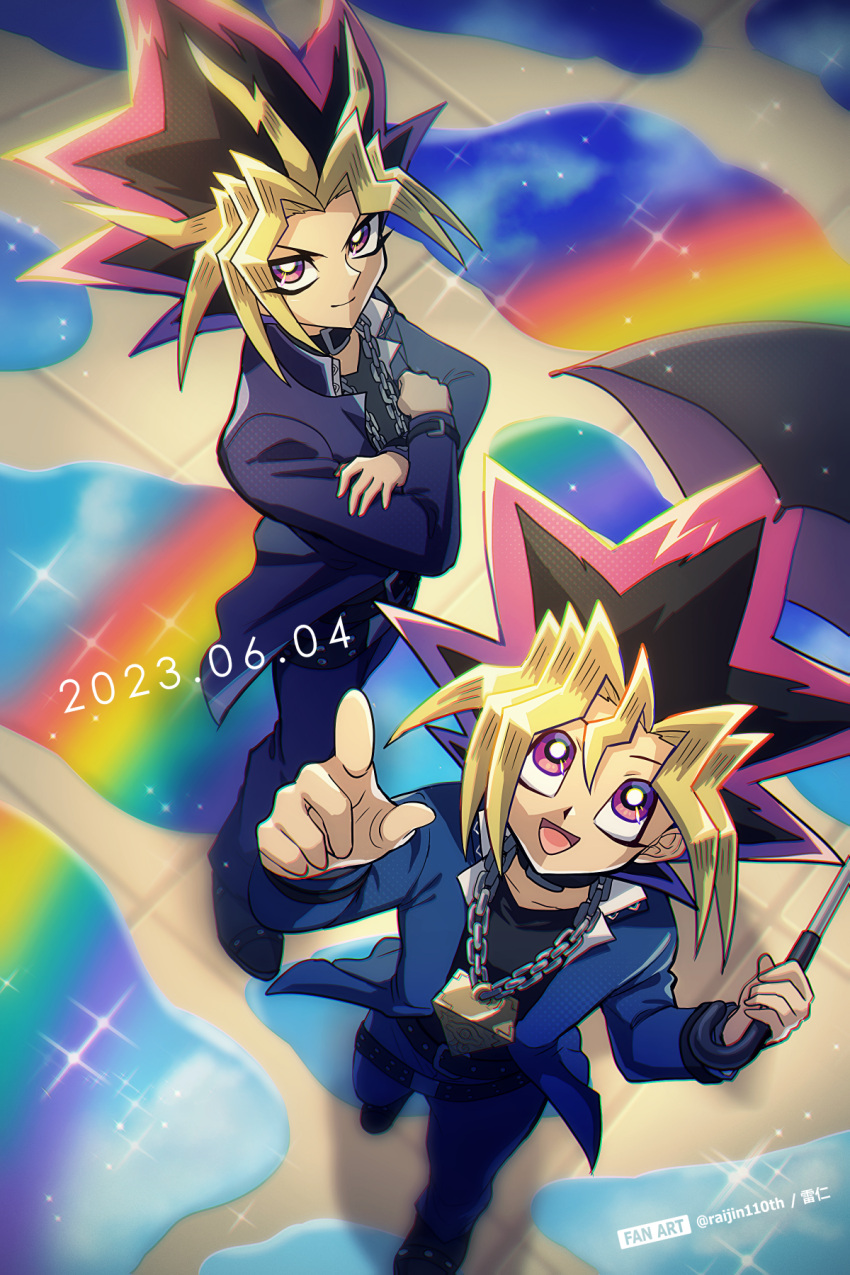 2boys artist_name black_choker black_hair blonde_hair chain choker commentary_request dated domino_high_school_uniform eye_of_horus from_above full_body gradient_eyes happy happy_birthday highres holding holding_umbrella looking_at_viewer looking_up male_focus millennium_puzzle multicolored_eyes multicolored_hair multiple_boys mutou_yuugi open_clothes pink_hair pointing pointing_up raijin-bh school_uniform smile spiky_hair twitter_username umbrella violet_eyes yami_yuugi yu-gi-oh!