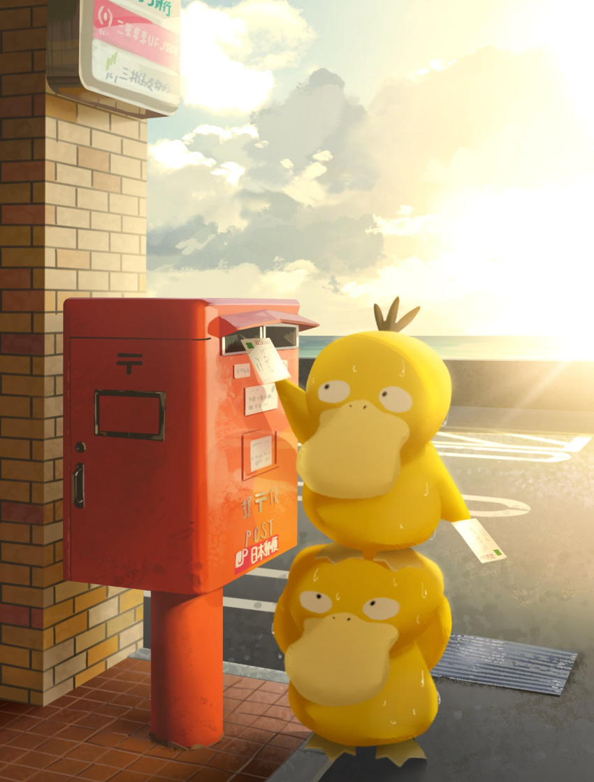 clouds day highres holding japanese_postal_mark letter nihei92729 no_humans outdoors pokemon pokemon_(creature) postbox_(outgoing_mail) psyduck sign sky standing_on_another's_head sweat