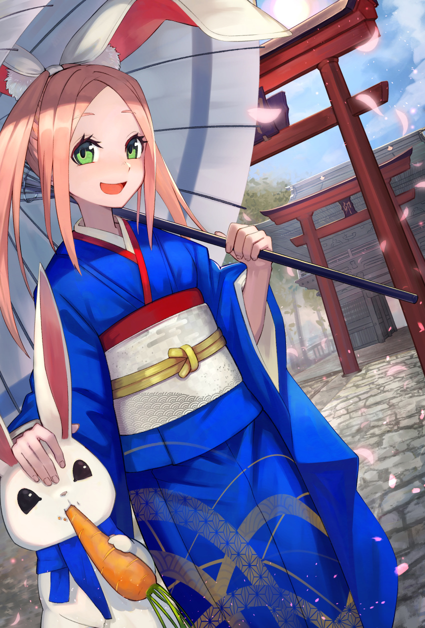 1girl absurdres animal animal_ears carrot cobblestone day fake_animal_ears falling_petals green_eyes highres holding holding_umbrella japanese_clothes kimono long_hair long_sleeves looking_to_the_side obi oil-paper_umbrella open_mouth original outdoors parted_bangs petals petting pink_hair rabbit rabbit_ears sash sky smile solo teo_(telo_ruka) twintails umbrella wide_sleeves