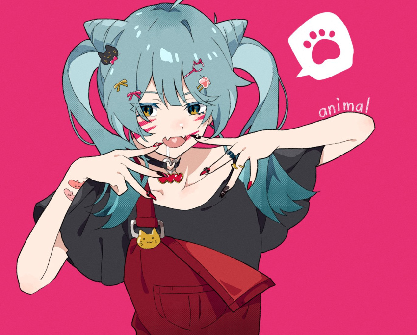 1girl animal_(vocaloid) animal_hair_ornament bandaid bandaid_on_arm black_shirt blue_eyes blue_hair choker commentary cone_hair_bun drooling fake_nails fangs hair_bun hair_ears hatsune_miku heart heart_choker heart_o-ring looking_at_viewer medium_hair multicolored_nails open_mouth overalls paw_print pink_background pinponpo red_overalls shirt short_sleeves skin_fangs solo spoken_paw upper_body vocaloid