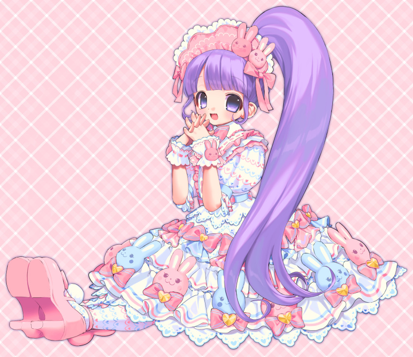 1girl absurdres blunt_bangs blush bow bowtie collared_dress dress frilled_dress frills full_body hair_ornament hairband highres lace-trimmed_dress lace_trim lolita_fashion lolita_hairband long_hair manaka_non open_mouth own_hands_clasped own_hands_together pantyhose parted_bangs ponytail pretty_(series) pripara puffy_short_sleeves puffy_sleeves purple_hair rabbit rabbit_hair_ornament shoe_soles short_sleeves sitting smile solo sweet_lolita very_long_hair violet_eyes wrist_cuffs yuiitsu