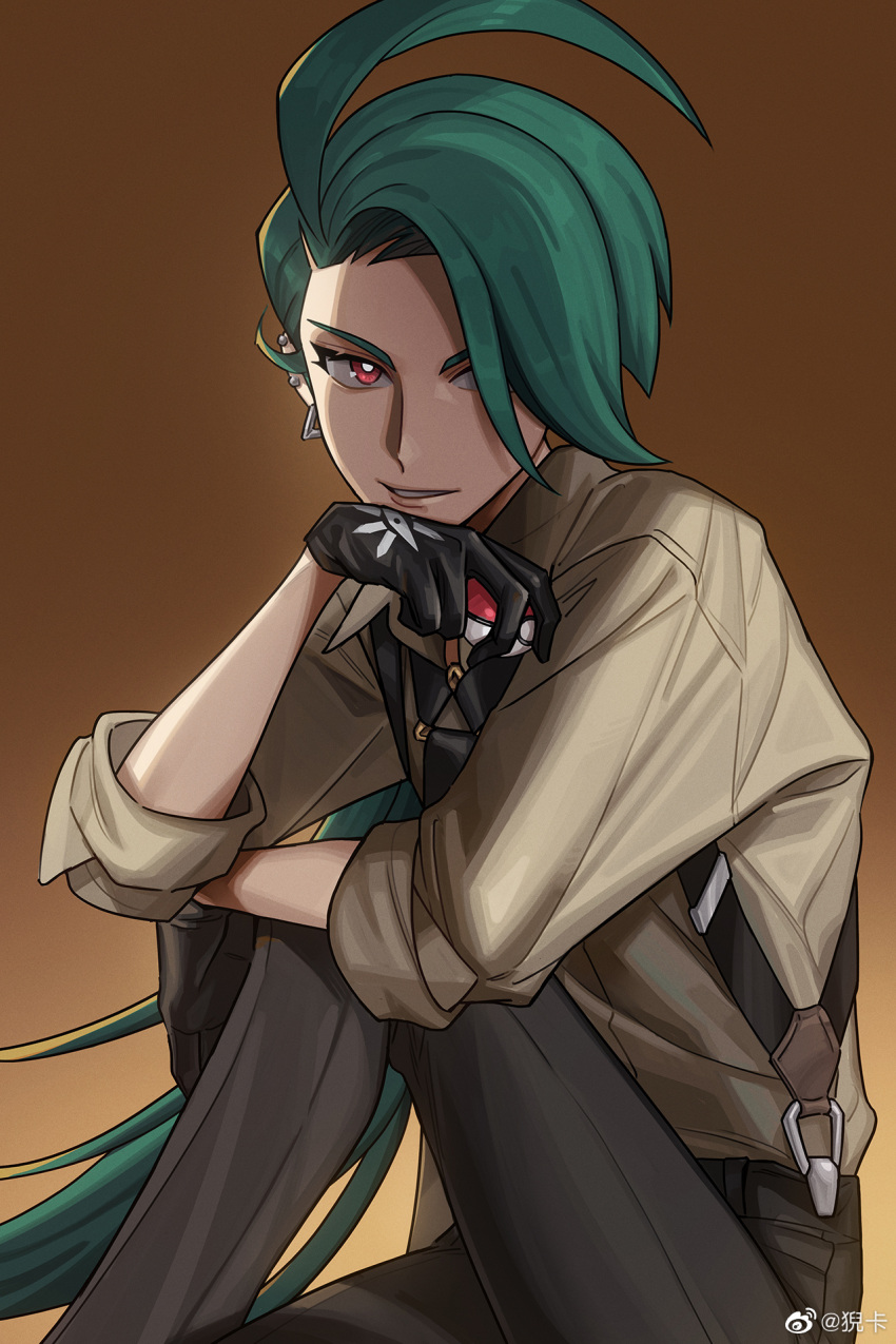 1girl ahoge black_gloves black_necktie bright_pupils brown_background collared_shirt commentary_request earrings gloves green_hair highres holding holding_poke_ball jewelry long_hair looking_to_the_side necktie nika_(weibo_1765532371) orange_eyes pants parted_lips poke_ball poke_ball_(basic) pokemon pokemon_(game) pokemon_sv rika_(pokemon) shirt sitting sleeves_rolled_up smile solo stud_earrings suspenders white_pupils