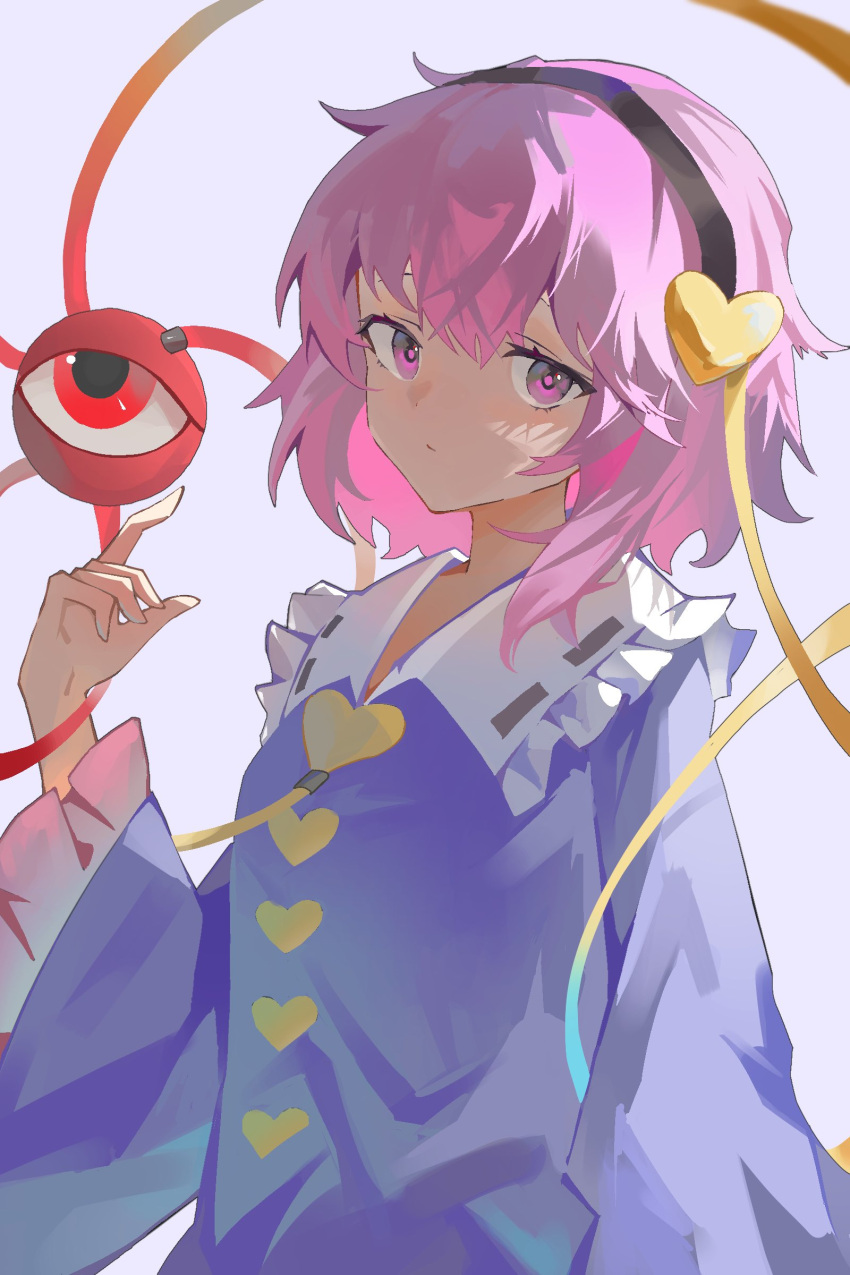 1girl absurdres black_hairband buttons closed_mouth commentary expressionless frilled_shirt_collar frilled_sleeves frills hair_between_eyes hair_ornament hairband hand_up heart heart_button heart_hair_ornament highres komeiji_satori long_sleeves looking_at_viewer pink_eyes pink_hair red_eyes ribbon_trim riin_(hanakza) short_hair simple_background solo third_eye touhou upper_body white_background wide_sleeves