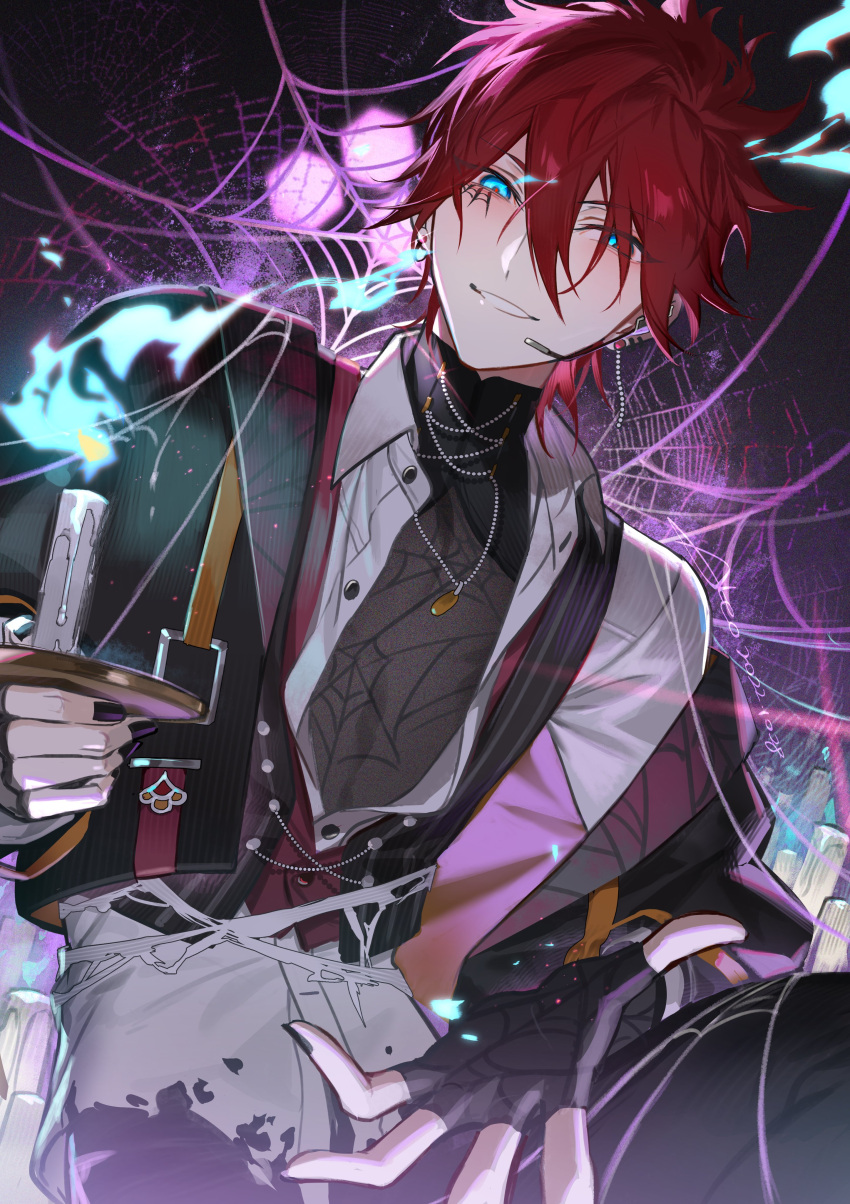 1boy absurdres aleo amagi_rinne aqua_eyes black_gloves black_nails buttons candle candle_wax collared_shirt commentary ensemble_stars! fingerless_gloves fingernails gloves hair_between_eyes high_collar highres holding jewelry long_sleeves looking_at_viewer male_focus microphone necklace official_alternate_costume open_collar outstretched_hand redhead shirt short_hair silk solo spider_web symbol-only_commentary teeth