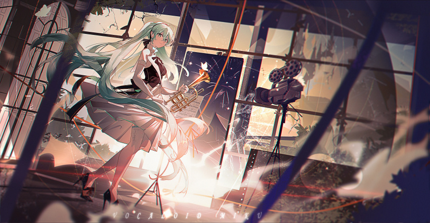 absurdres ahoge bare_shoulders black_footwear black_shirt blue_eyes blue_hair breasts character_name closed_mouth collared_shirt detached_sleeves floating_clothes floating_hair from_side full_body hair_between_eyes hatsune_miku high_heels highres holding holding_instrument indoors instrument krao long_hair long_skirt looking_at_viewer medium_breasts music_stand pleated_skirt sheet_music shirt sidelocks skirt sleeveless sleeveless_shirt smile thigh-highs trumpet twintails very_long_hair video_camera vocaloid white_skirt white_sleeves white_thighhighs