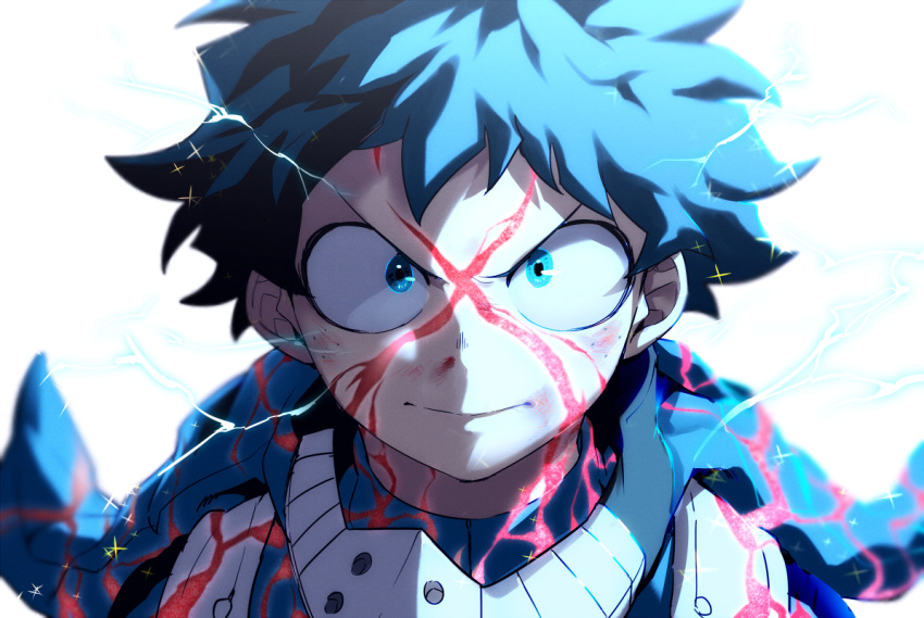 1boy alternate_eye_color alternate_hair_color blood blood_on_face blue_bodysuit blue_eyes blue_hair blurry blurry_background bodysuit boku_no_hero_academia bruise bruise_on_face closed_mouth commentary_request cross-eyed depth_of_field determined diffraction_spikes electricity freckles full_cowling_(boku_no_hero_academia) furrowed_brow glowing glowing_veins injury light looking_at_viewer male_focus maneki-neko_(fujifuji) midoriya_izuku nosebleed partial_commentary portrait short_hair sidelighting simple_background soft_focus solo split_mouth straight-on v-shaped_eyebrows white_background x