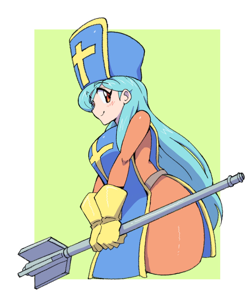1girl absurdres blue_hair blue_headwear blue_tabard bodysuit closed_mouth cropped_legs cross dragon_quest dragon_quest_iii gloves hat highres holding_mace light_blue_hair long_hair mace mitre orange_bodysuit powerhamuhamu priest_(dq3) red_eyes smile solo tabard v_arms weapon yellow_gloves