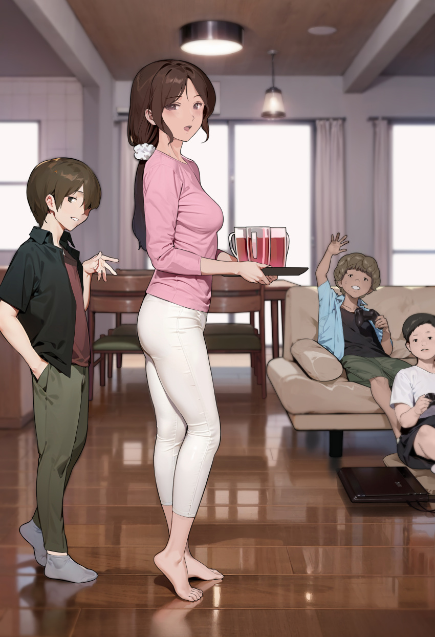 1girl 3boys absurdres age_difference ass barefoot breasts controller couch curtains drink game_controller glass highres holding holding_drink holding_plate indoors long_hair mature_female multiple_boys original plate playing_games reflection shirt short_hair sitting toes window wooden_floor yewang19