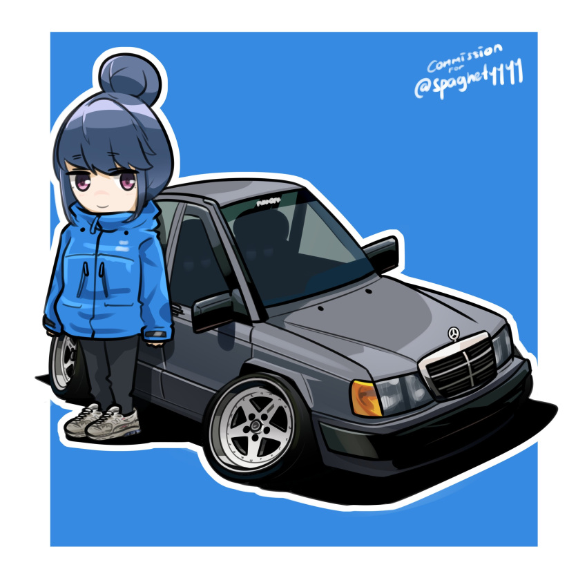 1girl absurdres blue_background blue_hair blue_jacket border commission english_commentary grey_footwear hair_bun highres holeecrab jacket mercedes-benz new_balance shima_rin shoes single_hair_bun smile sneakers solo twitter_username vehicle_focus vehicle_request violet_eyes white_border yurucamp