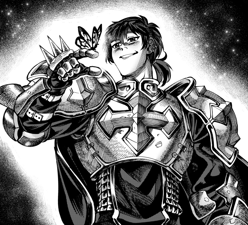 1boy absurdres armor breastplate bug butterfly butterfly_on_hand cape chainmail commentary cross earrings english_commentary gauntlets greyscale grin hair_between_eyes hamatsu highres jewelry lord_knight_(ragnarok_online) low_ponytail male_focus medium_bangs monochrome pauldrons ragnarok_online short_hair short_ponytail shoulder_armor smile solo spiked_gauntlets stud_earrings tabard upper_body