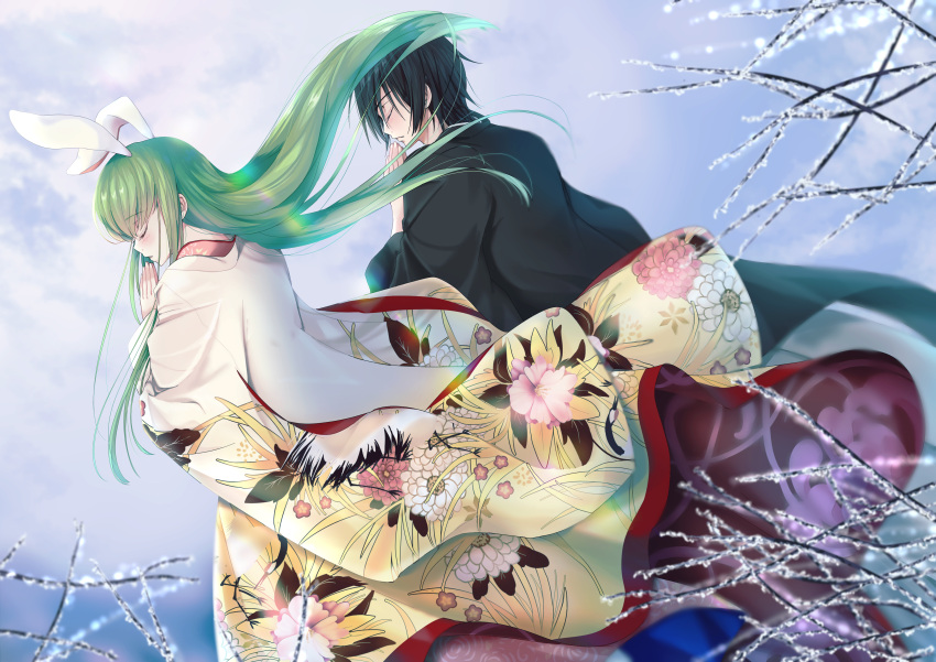 1boy 1girl absurdres animal_ears black_hair black_kimono blue_background blurry blush branch budgiepon c.c. closed_eyes closed_mouth code_geass commentary couple depth_of_field expressionless fake_animal_ears floral_print from_side green_hair hair_between_eyes hair_spread_out hetero highres japanese_clothes kara_no_kyoukai kimono kokutou_mikiya lelouch_vi_britannia long_sleeves nose own_hands_together praying profile rabbit_ears ryougi_shiki short_hair sidelocks simple_background straight_hair wide_sleeves wind wind_lift winter yellow_kimono