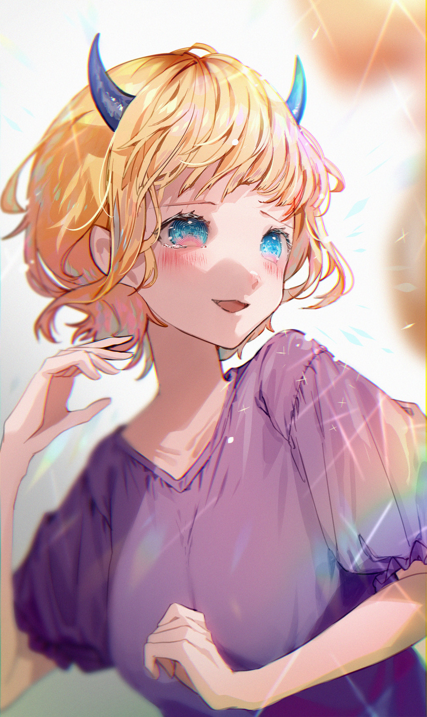 1girl :3 blonde_hair blue_eyes blurry blurry_background blush chromatic_aberration collarbone commentary_request demon_horns fake_horns hand_up highres horns lens_flare memcho multicolored_eyes negimapurinn open_mouth oshi_no_ko pink_eyes puffy_short_sleeves puffy_sleeves purple_shirt shirt short_hair short_sleeves smile solo sparkle upper_body