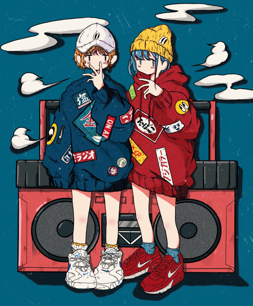 2girls aqua_background badge baseball_cap beanie blue_eyes blue_hair blue_socks blue_sweater boombox button_badge clouds drawstring full_body halftone hand_up hat highres hood hood_down hooded_sweater hoodie long_sleeves looking_at_viewer multiple_girls nao97122 nike orange_hair original oversized_clothes patch red_footwear red_hoodie red_sweater ribbed_socks shoes short_hair sneakers socks standing straight-on streetwear sweater white_footwear white_headwear white_socks yellow_headwear