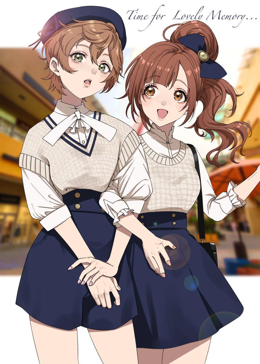 2girls :d bag bench black_bag black_headwear black_ribbon blue_shorts blue_skirt blue_sky blurry blurry_background blush bow bowtie breasts brown_eyes brown_hair building clouds cowboy_shot green_eyes hair_bow hair_ribbon hand_up hat hat_ribbon highres holding_another's_arm idolmaster idolmaster_cinderella_girls idolmaster_cinderella_girls_starlight_stage igarashi_kyoko lens_flare long_hair long_sleeves looking_at_another looking_at_viewer maou_(demonlord) medium_breasts multiple_girls open_mouth outdoors pink_nails plant potted_plant ribbon ribbon_trim road shirt shop short_hair shorts shoulder_bag side_ponytail skirt sky smile standing street teeth upper_teeth_only v_arms vest white_bow white_bowtie white_shirt white_vest yoshioka_saki