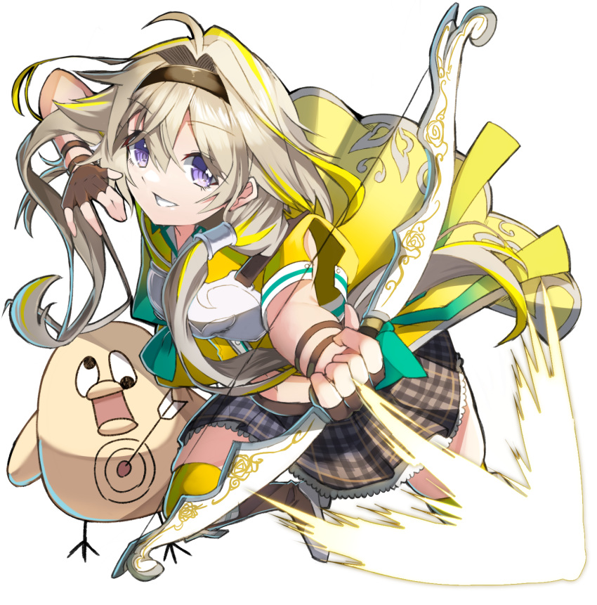 1girl ahoge arrow_(projectile) bird black_hairband blonde_hair boots bow_(weapon) brown_footwear brown_gloves chest_guard commentary_request fingerless_gloves frilled_skirt frills full_body gloves grey_skirt grin hair_between_eyes hair_intakes hair_tubes hairband highres holding holding_bow_(weapon) holding_weapon ieiri_popo long_hair looking_at_viewer medium_bangs multicolored_hair nanashi_inc. plaid plaid_skirt shiranui_enki shirt short_sleeves simple_background skirt smile solo streaked_hair transparent_background two-tone_hair violet_eyes virtual_youtuber weapon yellow_shirt