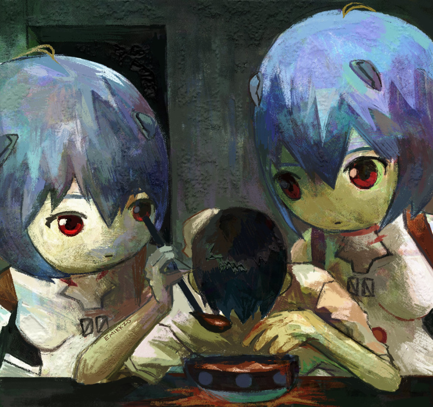 1boy 2girls :| absurdres ayanami_rei big_head black_hair blank_room_soup blue_hair bodysuit bowl clone closed_mouth emikkzo english_text expressionless food hair_between_eyes hand_on_another's_head hands_up head_down highres holding holding_ladle horror_(theme) ikari_shinji ladle leaning_forward looking_at_another meme multiple_girls neon_genesis_evangelion no_nose plugsuit red_eyes rei_chikita shirt short_hair short_sleeves signature sitting soup table white_shirt