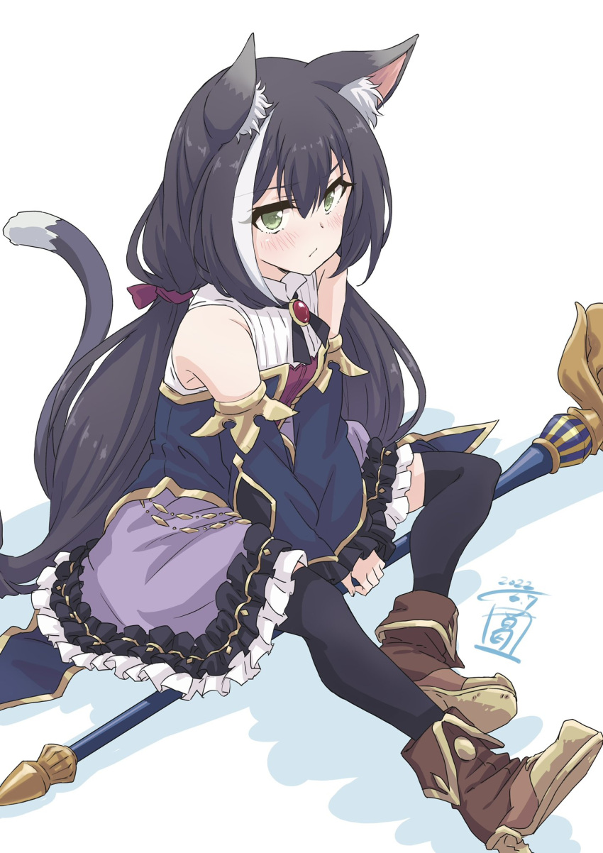 1girl animal_ear_fluff animal_ears artist_logo bare_shoulders black_hair black_thighhighs blush bodice boots breasts brooch brown_hair cat_ears cat_girl cat_tail closed_mouth cross_tie dated detached_sleeves green_eyes highres jewelry karyl_(princess_connect!) long_hair looking_at_viewer low_twintails multicolored_hair princess_connect! purple_skirt sekiya_kuzuyu shadow shirt simple_background sitting skirt small_breasts solo staff streaked_hair tail thigh-highs twintails very_long_hair white_background white_shirt
