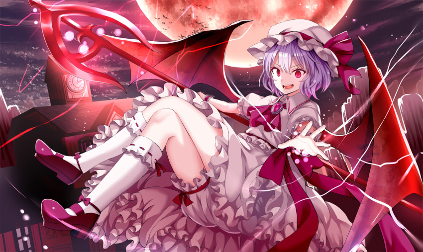 1girl ascot bat_wings bloomers blue_hair brooch collared_shirt commentary_request frilled_skirt frilled_sleeves frills full_body givuchoko hair_between_eyes hat hat_ribbon jewelry mob_cap open_mouth red_ascot red_eyes red_footwear red_ribbon remilia_scarlet ribbon shirt shoes short_hair short_sleeves skirt socks solo spear_the_gungnir touhou underwear white_bloomers white_headwear white_shirt white_skirt white_socks wings