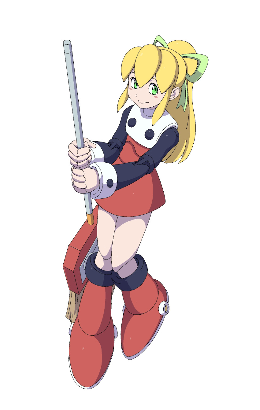 1girl absurdres android blonde_hair blush_stickers boots broom closed_mouth dress flat_chest green_eyes green_ribbon hair_between_eyes hair_ribbon highres holding holding_broom joints knee_boots knees_together_feet_apart long_hair long_sleeves mega_man_(classic) mega_man_(series) ponytail powerhamuhamu red_dress red_footwear ribbon robot_joints roll_(mega_man) short_dress sidelocks simple_background smile solo split_mouth white_background